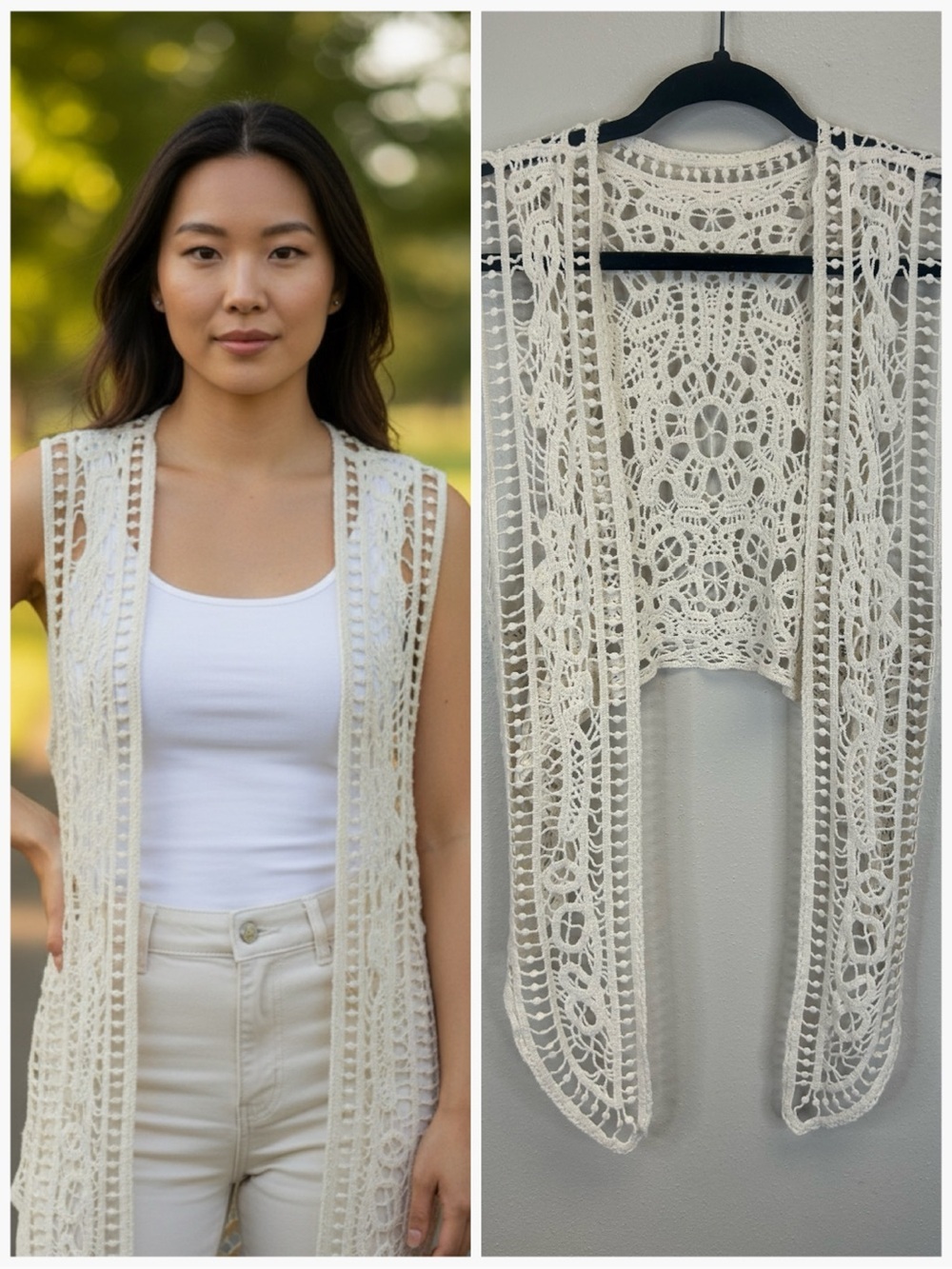 Cottagecore Boho Hippie Crochet Open Front Vest Long Size S/M Cotton Country
